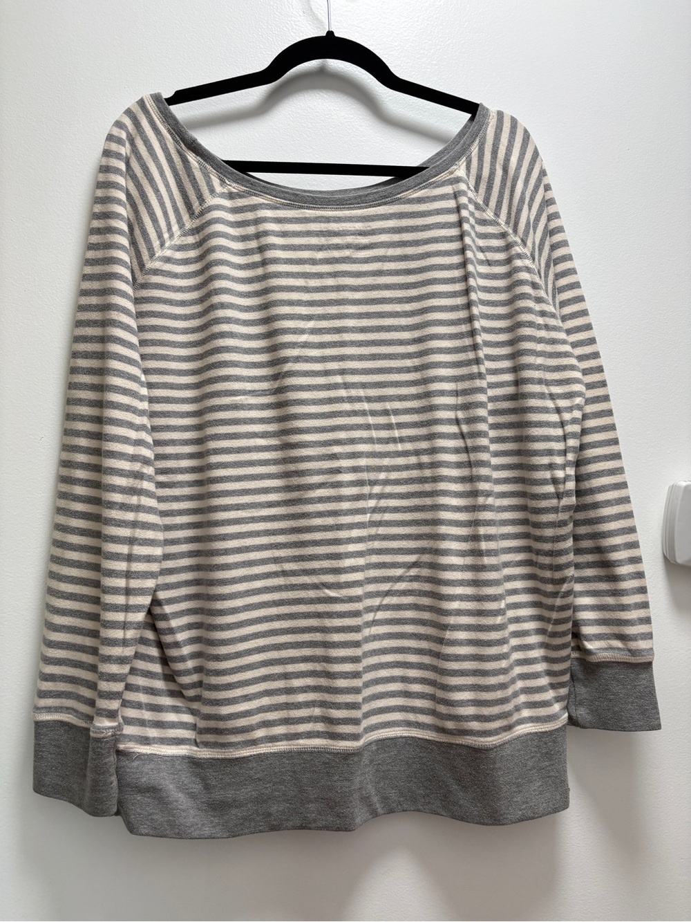 Pact Organic Cotton Striped Gray & Cream Pullover Sweatshirt Off Shoulder